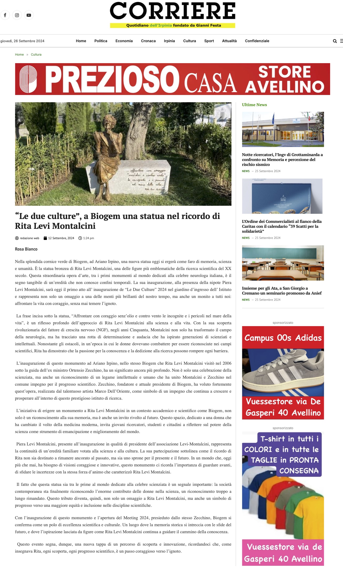 “Le due culture”, a Biogem una statua nel ricordo di Rita Levi Montalcini